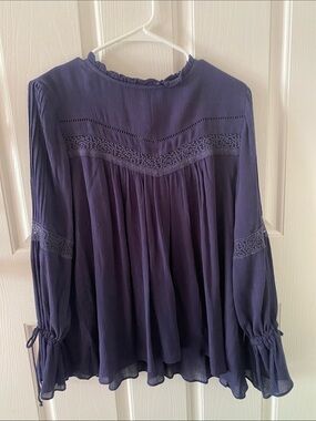 Bohemian Navy Long-Sleeve Lace-Trim Blouse